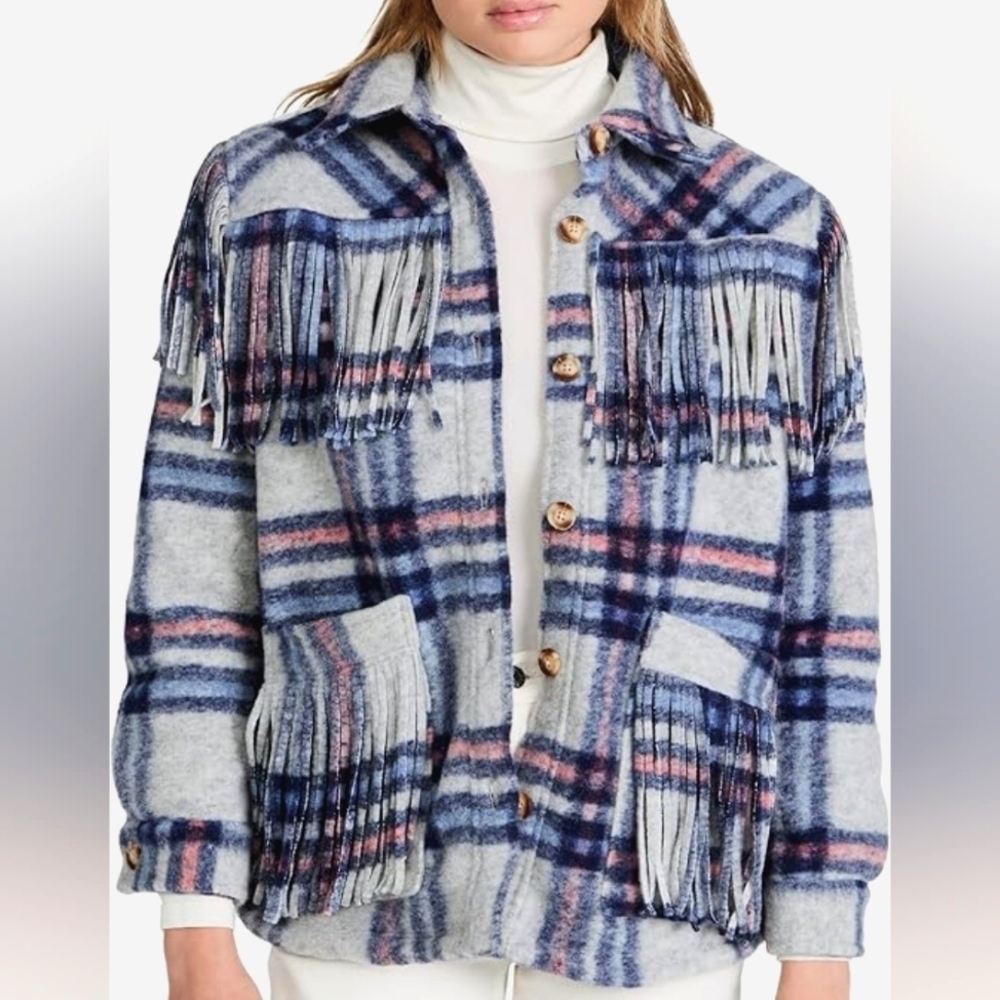 NWT BlankNYC Southwestern Plaid Fringe Shirt Jacket